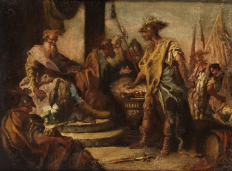 Mucius Scaevola met la main dans le feu devant le prince étrusque Porsenna